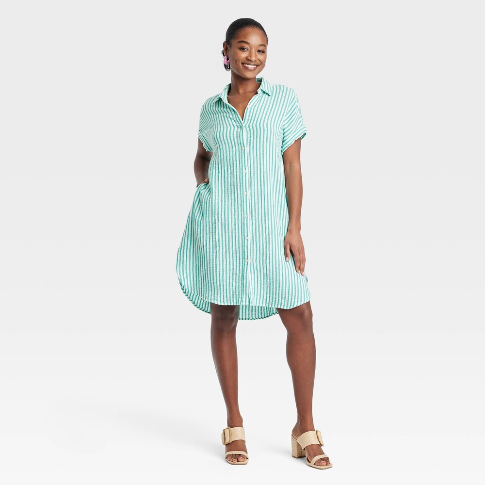 Universal Thread 100% Cotton Short Sleeve Button Up Shirtdress Green Striped XS